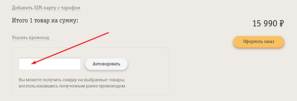 Поле для ввода промокода на сайте beeline.ru