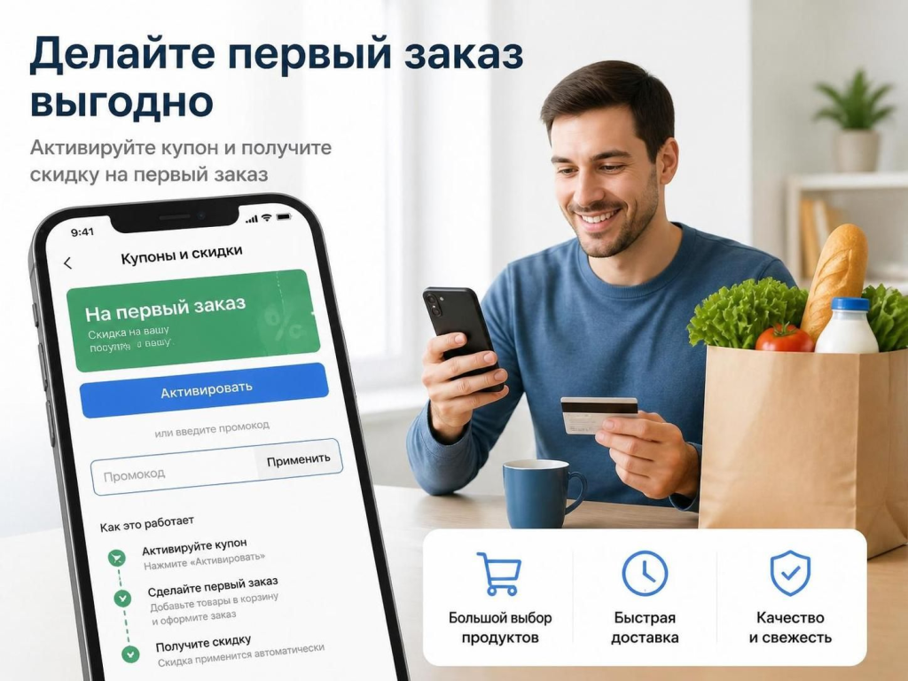 Купон на первый заказ в приложении Глобус