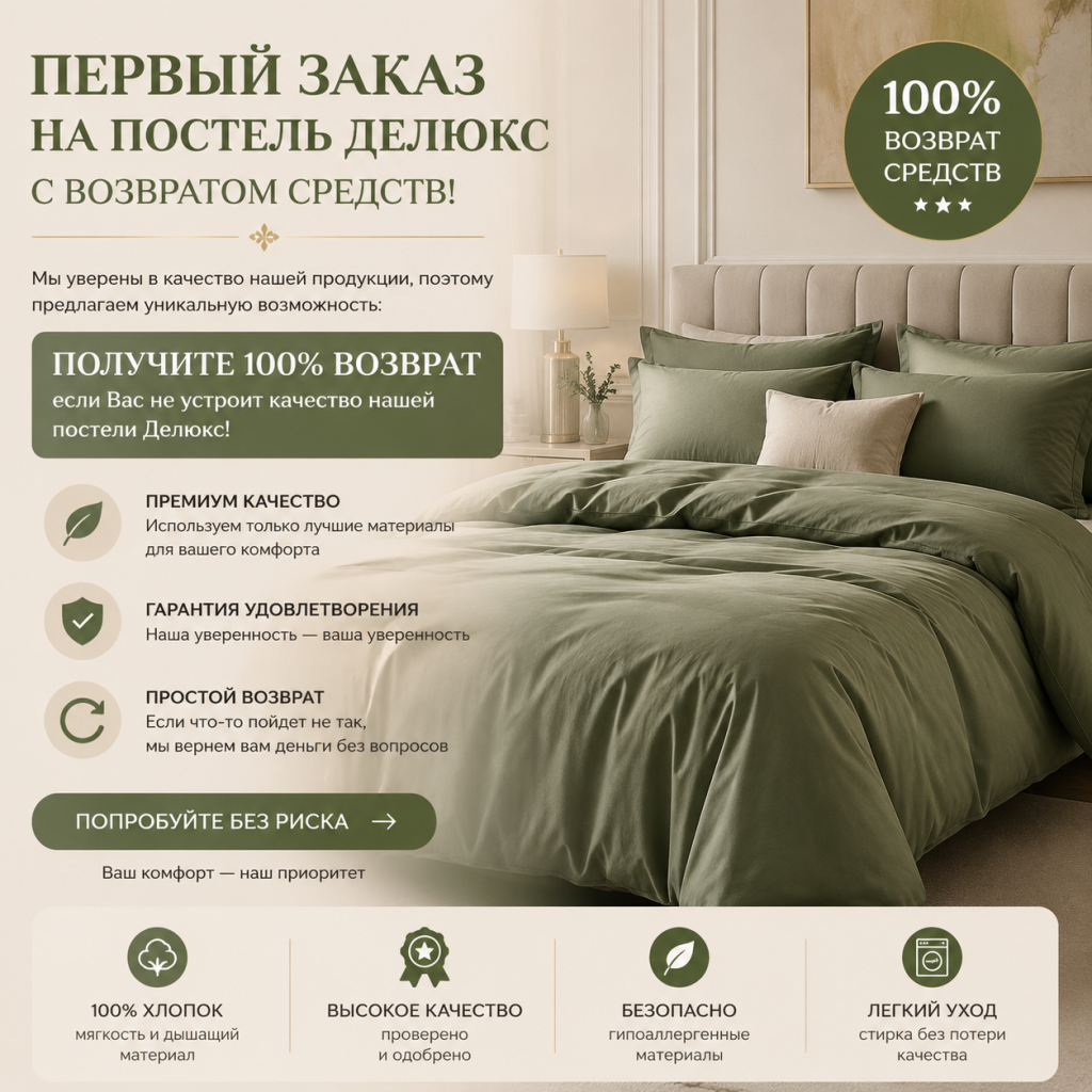 Первый заказ на Постель Делюкс с возвратом средств