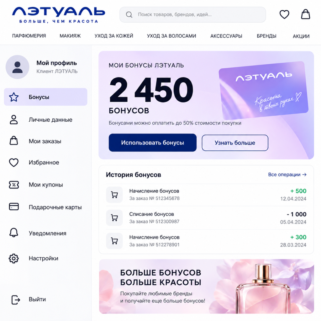 Бонусы Лэтуаль в личном кабинете клиента
